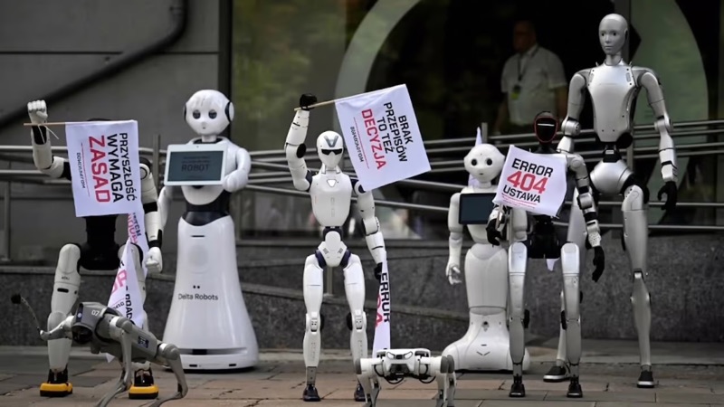 Robots marching down a city street